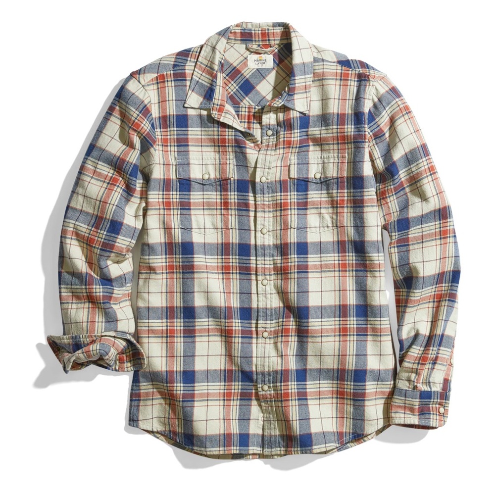 Marine Layer Flannel Shirt Long Sleeve Indigo Western Large.  Fits more like med